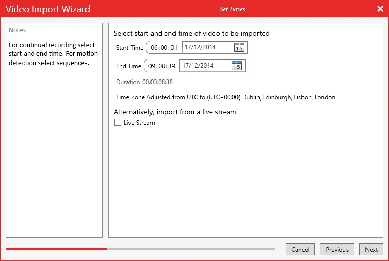 The Set Times page with the start and end time to import and an option to import from the live stream.
