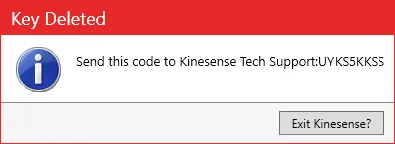 The Key Deleted message showing the deletion code to send to Kinesense Tech Support.