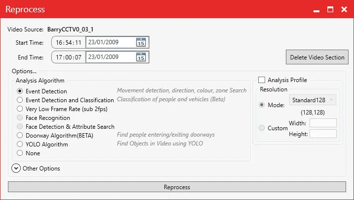 The Reprocess window with the analysis algorithm options, including YOLO Algorithm.