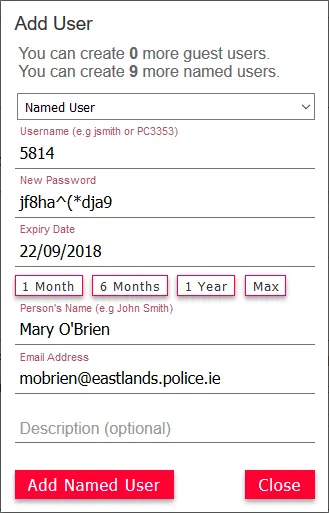 The Add User form on the user dashboard, with username, password, expiry date, name and email.