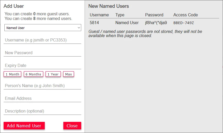 The user dashboard showing the new named user and their access code.