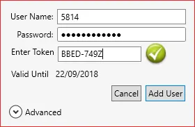 The add user form in Kinesense filled in with the username, password and access token, ready to add.