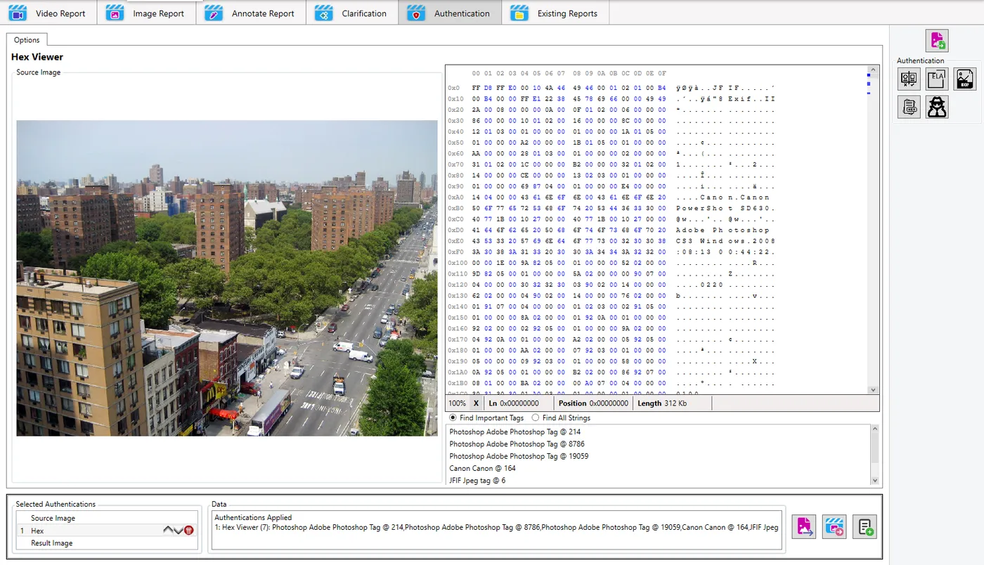 The Authentication tab showing the hex viewer beside a city street image.