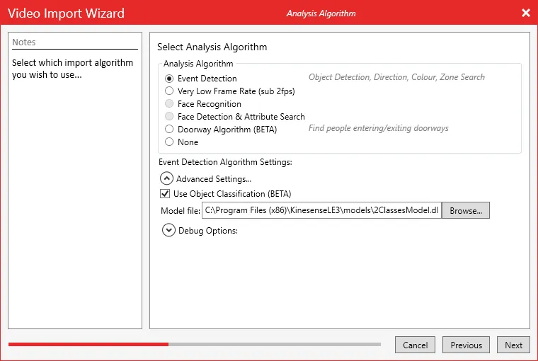 The Analysis Algorithm page of the import wizard with Event Detection selected and Use Object Classification ticked.