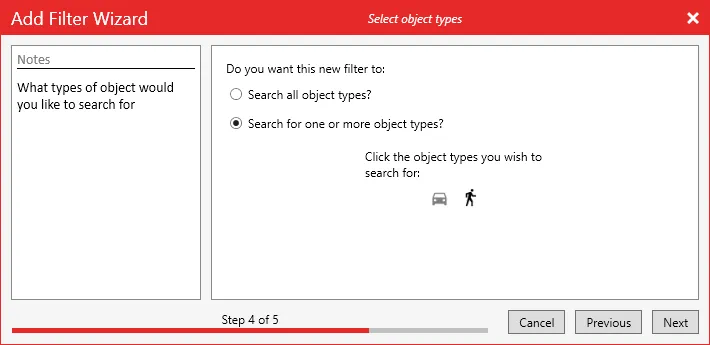 The Select object types page of the Add Filter Wizard, with car and person icons.