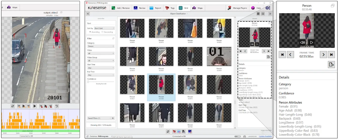 Screengrab from Kinesense LE showing Person Recognition using Attributes.
