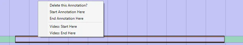 The right-click menu on the annotation timeline with Start Annotation Here and End Annotation Here.