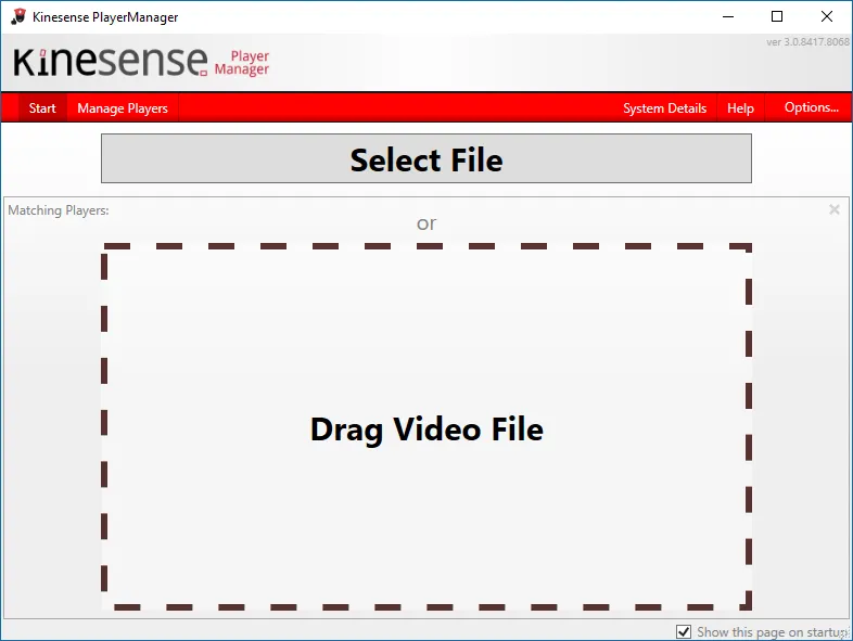 The PlayerManager Start tab with a Select File button and a Drag Video File area.