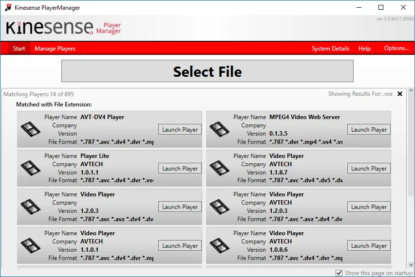 PlayerManager listing players that match a video by file extension, each with a Launch Player button.