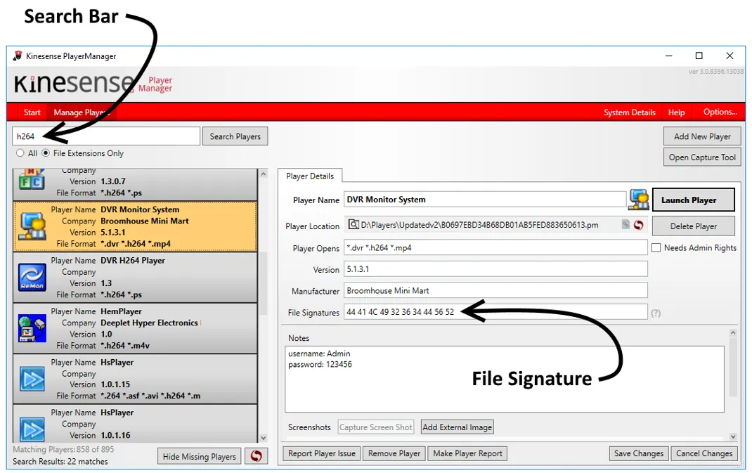 The Manage Players tab with the search bar and the File Signatures field labelled.