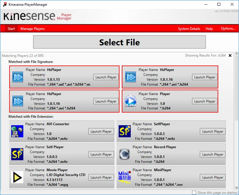 PlayerManager results with players matched by file signature at the top, highlighted in red, above file extension matches.