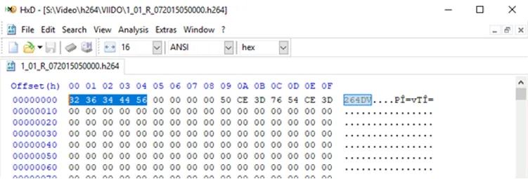 A video file open in the HxD hex editor with the first bytes of the file selected.