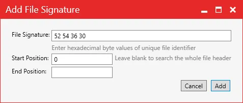 The Add File Signature dialog with the signature, start position and end position fields.