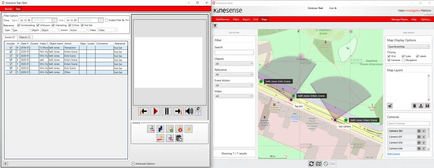 Kinesense with the Tags and Maps tabs popped out into separate windows side by side.