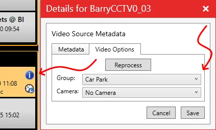 The Video Options tab of the video details window, with arrows to the Group drop-down.
