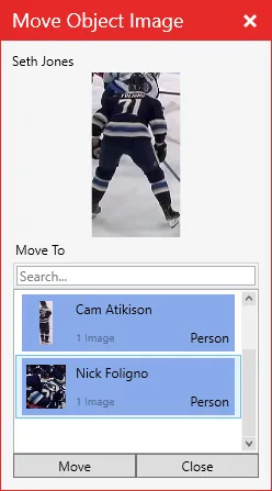 The Move Object Image window, listing the tag objects the image can be moved to.