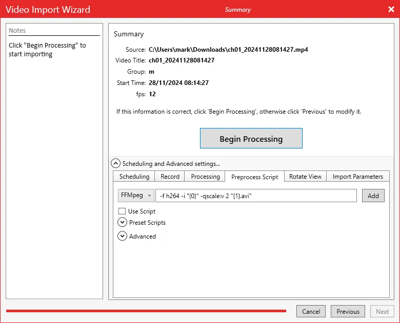 The Summary page of the Video Import Wizard with the Advanced section open on the Preprocess Script tab.