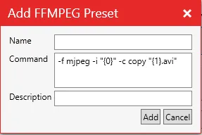 The Add FFMPEG Preset dialog with Name, Command and Description fields.