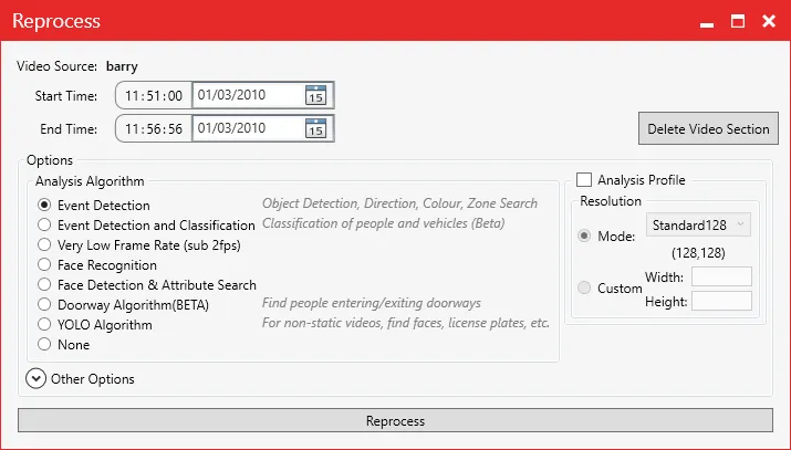 The Reprocess window with start and end times and the analysis algorithm options.