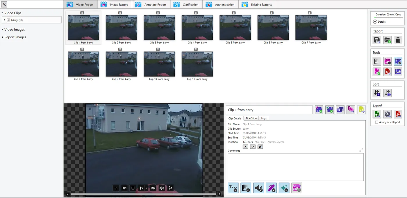 The Report tab with the clip list collapsed, leaving more room for clip thumbnails and the preview.