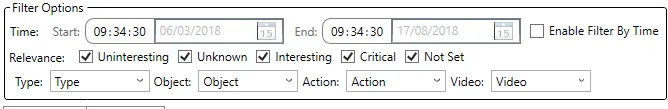 The Filter Options: time range, relevance checkboxes, and type, object, action and video drop-downs.
