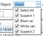 The Object filter drop-down listing suspects and vehicles, all selected.