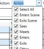 The Action filter drop-down listing actions such as Enters Scene, Exits Scene, Sees and Meets.