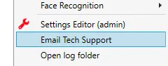 The Options menu with Email Tech Support highlighted.