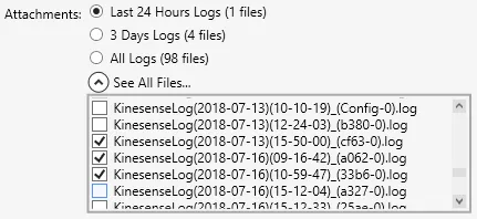 The log attachment options with See All Files expanded and individual log files ticked.