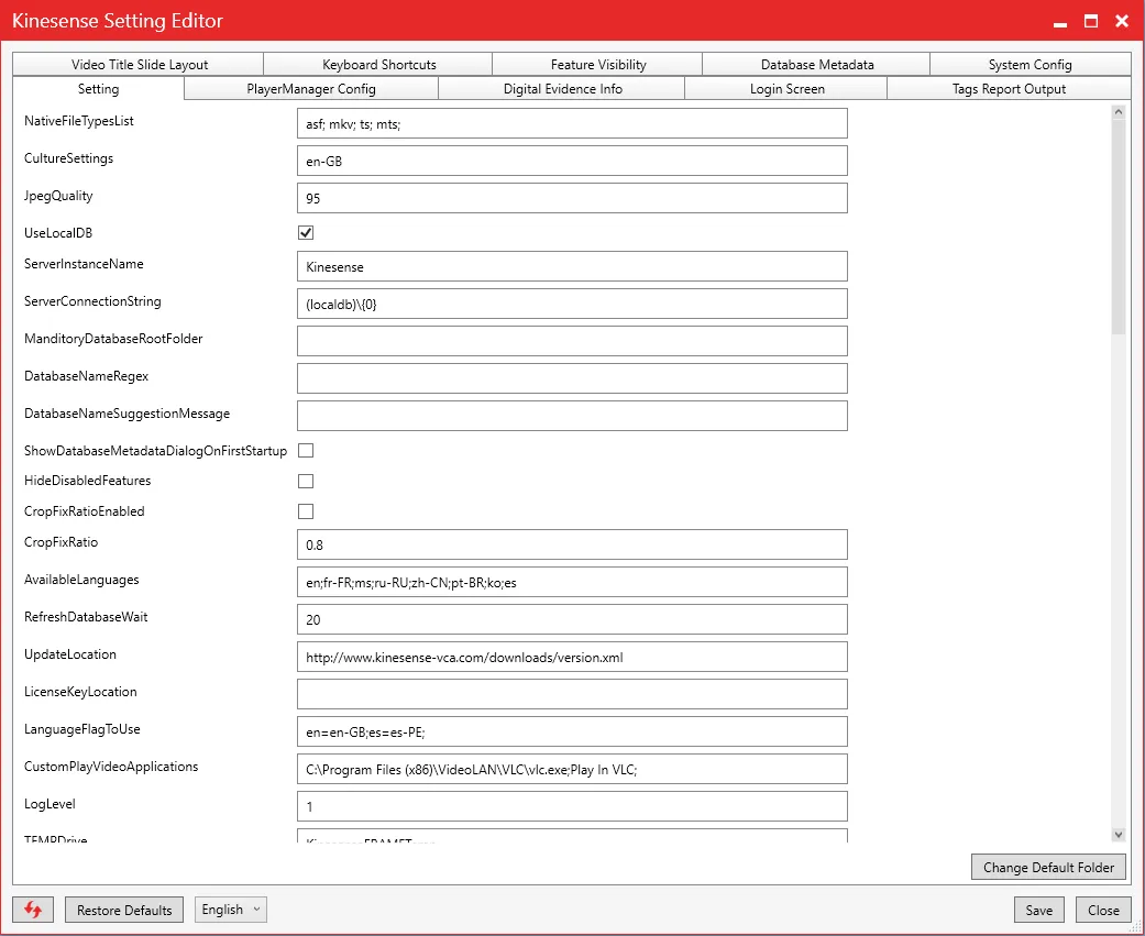 The Kinesense Settings Editor window open on its Setting tab.