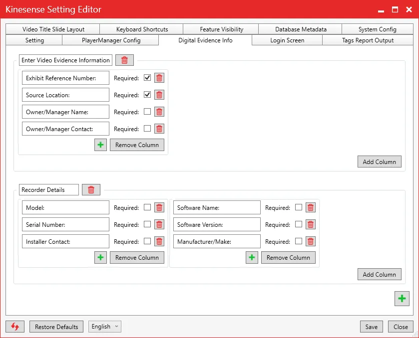 The Digital Evidence Info tab of the Settings Editor, showing groups of fields with Required checkboxes.