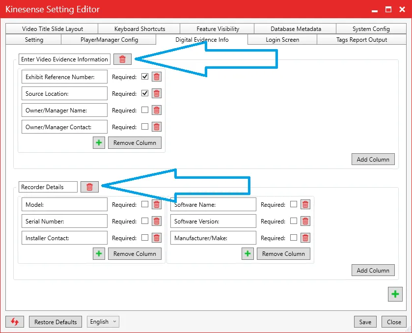 Arrows pointing to the red bin icons beside each group name, used to remove a group.