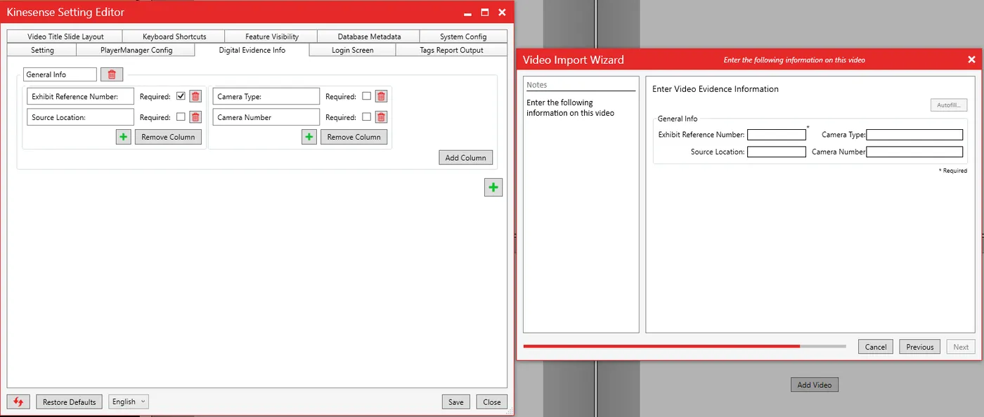 The edited evidence fields in the Settings Editor next to the import wizard page showing the same new fields.