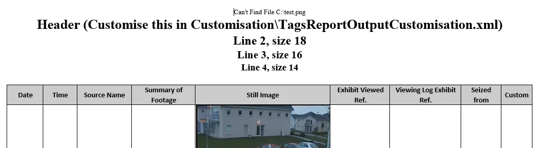 A default tags report in Word, with placeholder header text and columns for date, time, source, summary and still image.