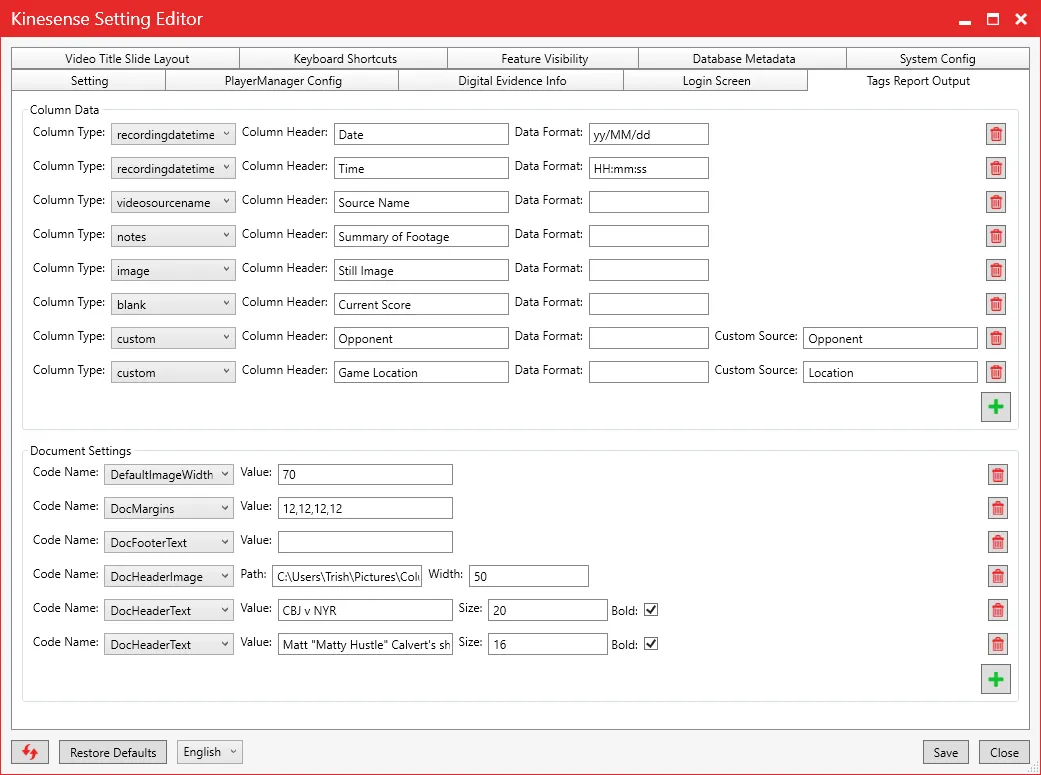 The Tags Report Output tab of the Settings Editor, listing column data and document settings.