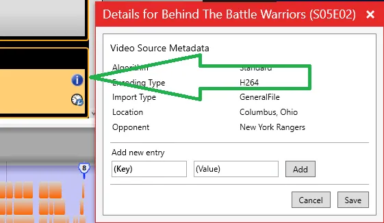 The video details window with custom metadata fields, including location and opponent.