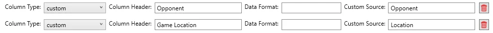 Two custom columns whose custom sources are Opponent and Location.