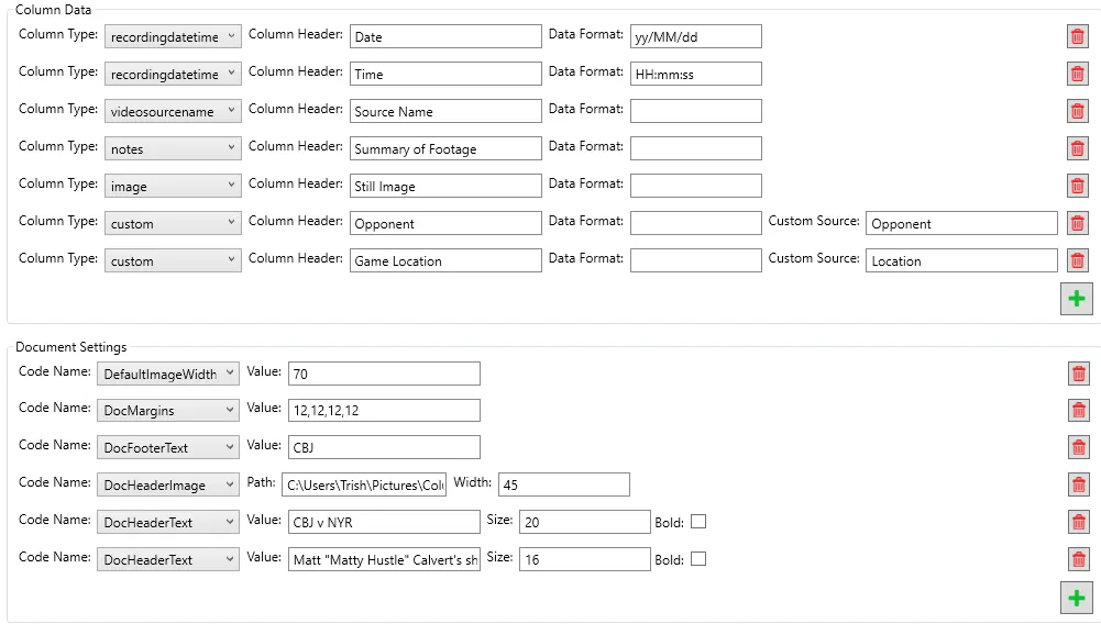 Customised tags report settings with custom columns, a header image and header text.