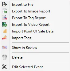 The tag right-click menu with export, import, Show in Review, Delete and Edit Selected Event options.