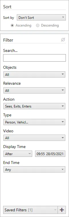 The Sort and Filter panel in Tags, with objects, relevance, action, type, video and time filters.