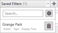 The Saved Filters drop-down with a saved filter named Grange Park.