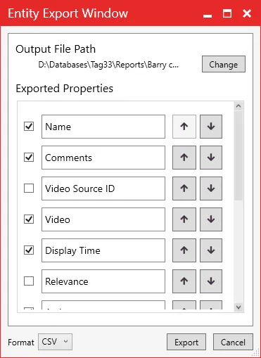The Entity Export Window for choosing, ordering and renaming the exported columns, with CSV, Word or JSON format.