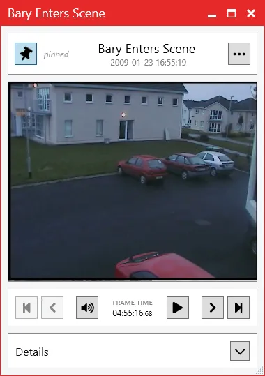 An event tag popped out into its own window, with a pin button and the tagged video.