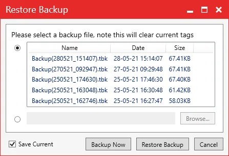 The Restore Backup window listing tag backups, with a Backup Now button.