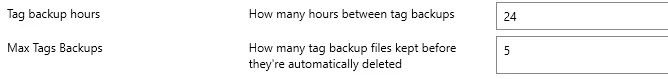 The tag backup settings: hours between backups and the number of backup files kept.