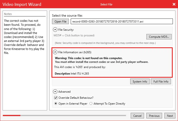 The Video Import Wizard warning that the H.265 codec for an AVI file is not installed on this computer.