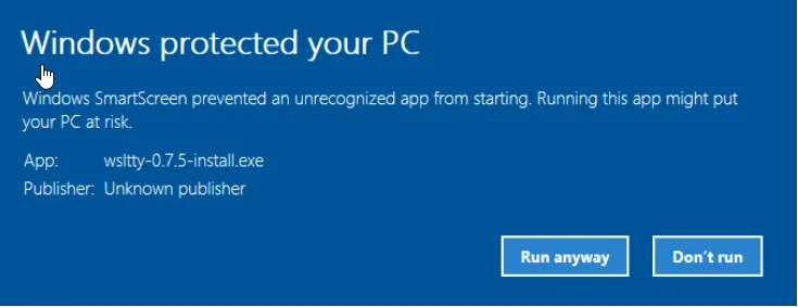 The Windows SmartScreen warning for an unrecognised app, with a Run anyway button.