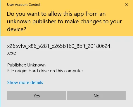 A Windows User Account Control prompt asking to allow the x265 codec installer to make changes.