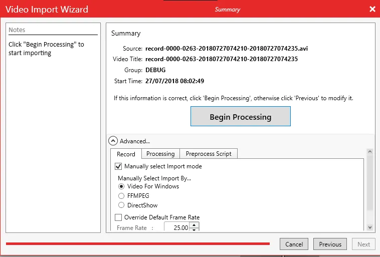 The import wizard Summary page with Manually select Import mode ticked and Video For Windows selected.