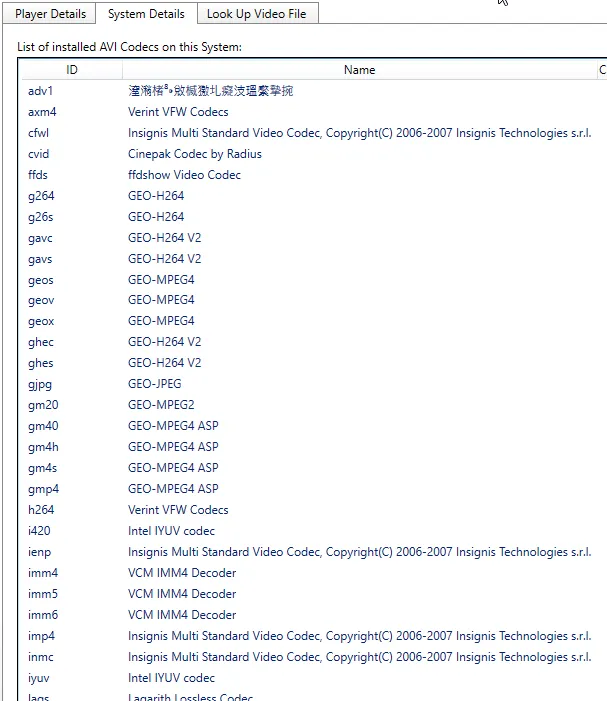 The System Details tab in Manage Players, listing the video codecs installed on the PC.